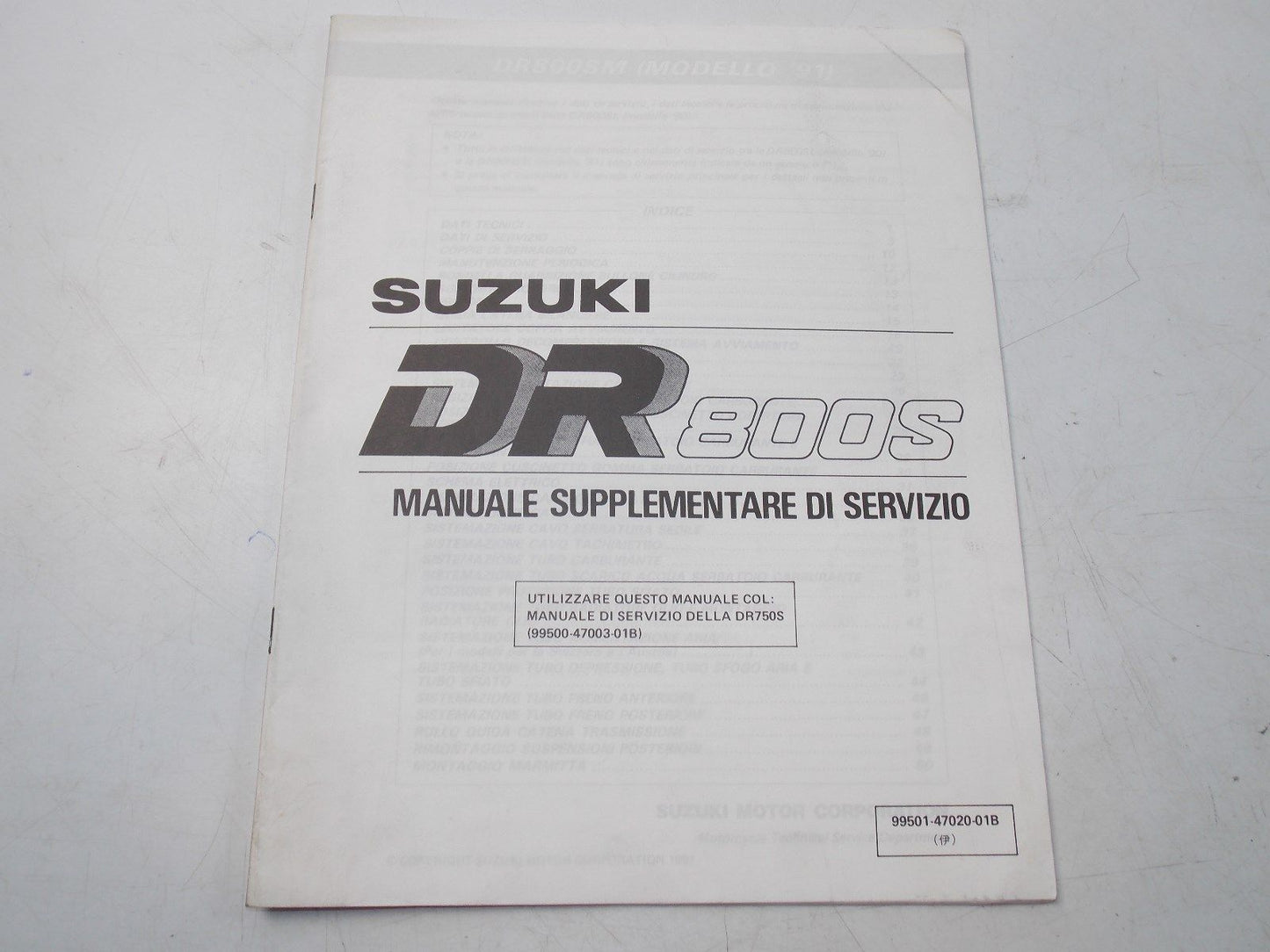 NEW SUZUKI 1991 SUPPLEMENT MANUAL BOOK DR800S ITALIAN  99501-47020-01B - MotoRaider