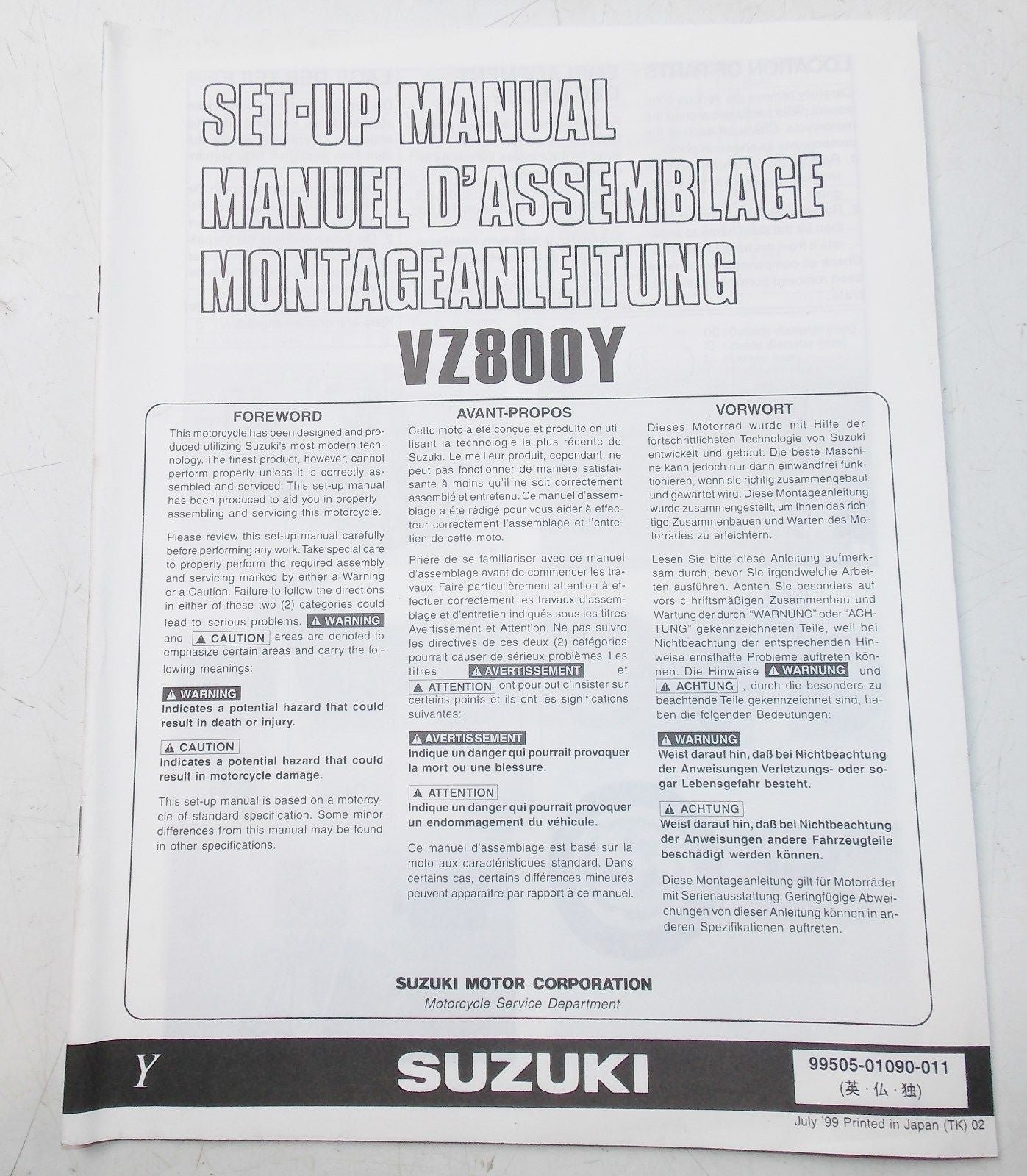 USED SUZUKI 1999 SET-UP MANUAL  VZ8004   99505-01090-011 - MotoRaider