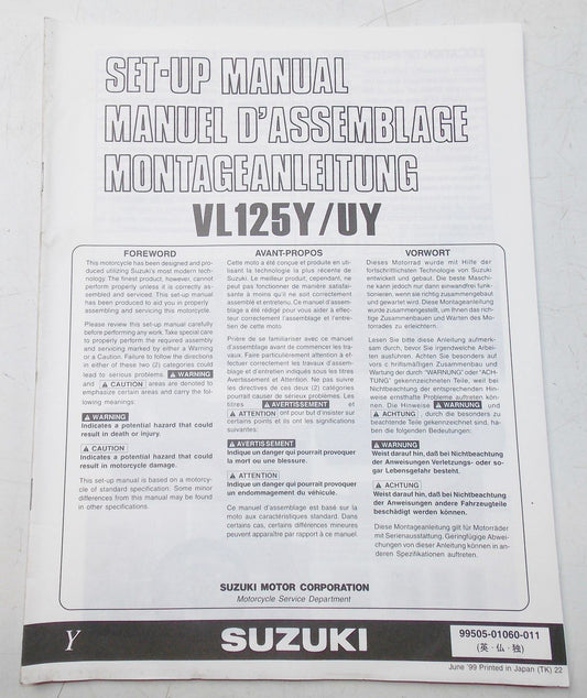 USED SUZUKI 1999  SET-UP MANUAL  VL125Y/UY   99505-01060-011 - MotoRaider
