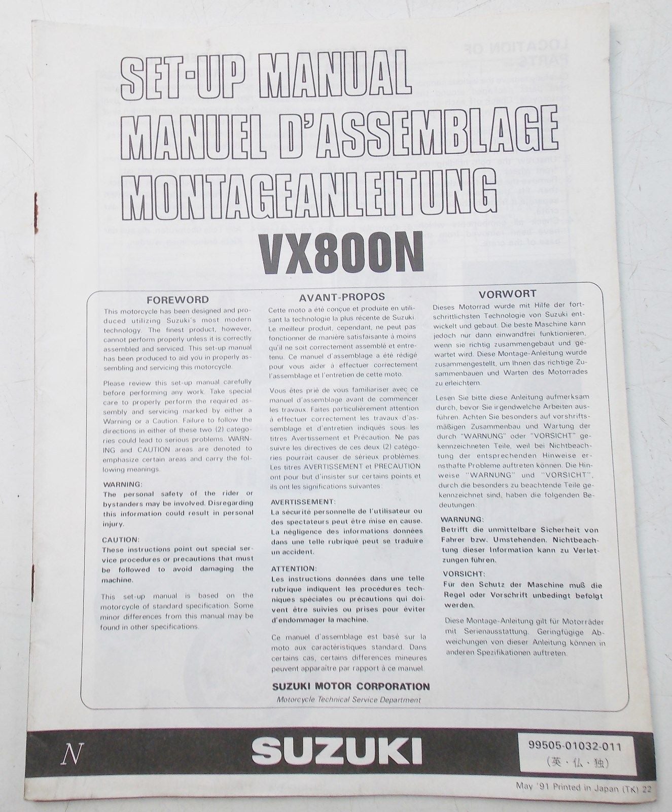 USED SUZUKI 1991  SET-UP MANUAL  VX800H   99505-01032-011 - MotoRaider
