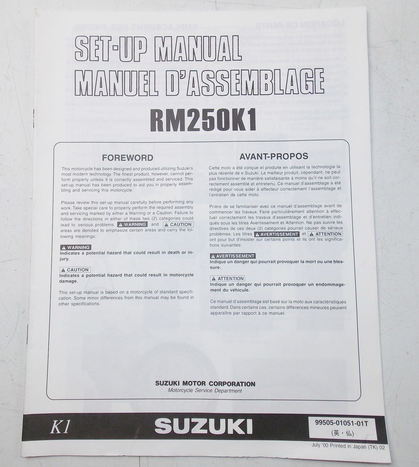 USED SUZUKI 2000  SET-UP MANUAL RM250K1 99505-01051-01T - MotoRaider