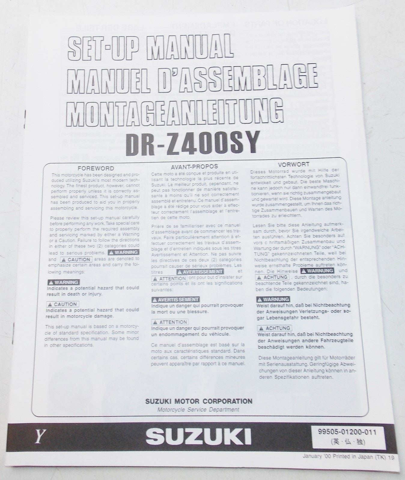 USED SUZUKI 2000  SET-UP MANUAL  DR-Z400SY   99505-01200-011 - MotoRaider