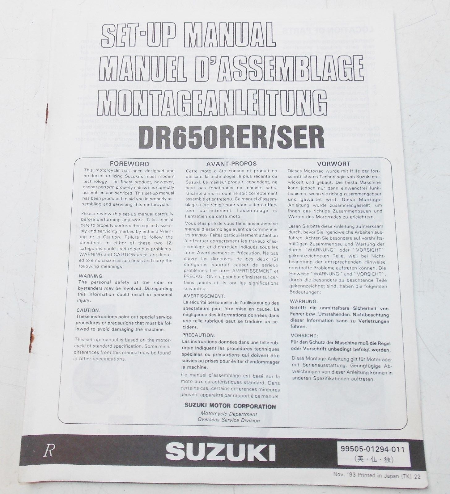USED SUZUKI 1993   SET-UP MANUAL  DR650RER/SER   99505-01294-011 - MotoRaider