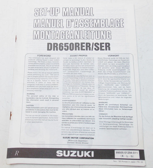 USED SUZUKI 1993   SET-UP MANUAL  DR650RER/SER   99505-01294-011 - MotoRaider
