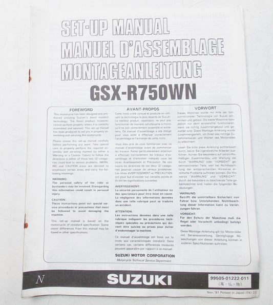 USED SUZUKI  1991 SET-UP MANUAL GSX-R750WN  99505-01222-011 - MotoRaider
