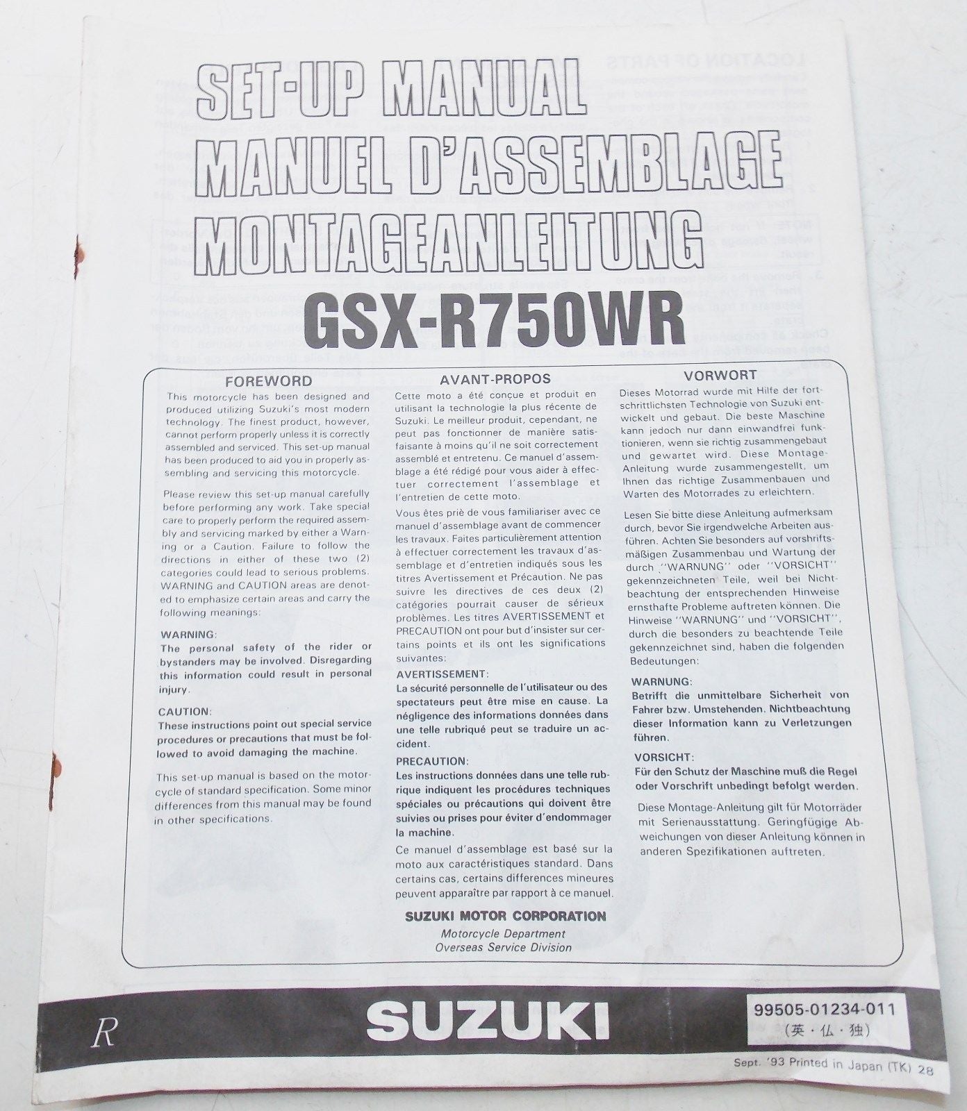 USED SUZUKI  1993 SET-UP MANUAL GSX-R750WR   99505-01234-011 - MotoRaider