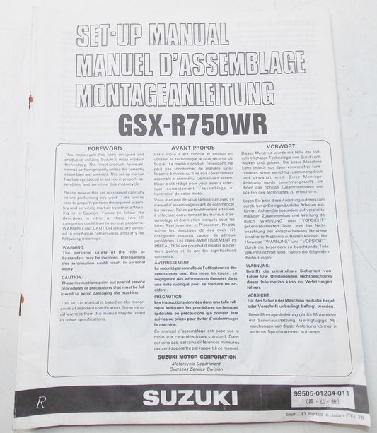 USED SUZUKI  1993 SET-UP MANUAL GSX-R750WR   99505-01234-011 - MotoRaider