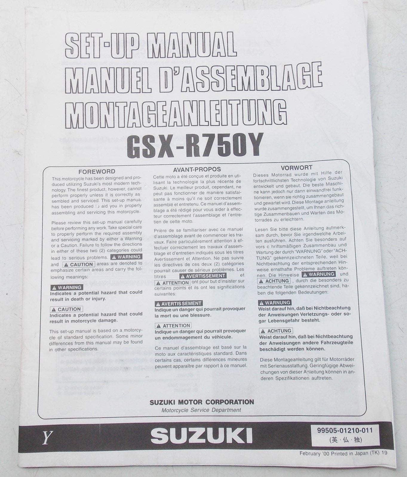 USED SUZUKI 2000 SET  UP MANUAL GSX-R750Y   99505-01210-011 - MotoRaider