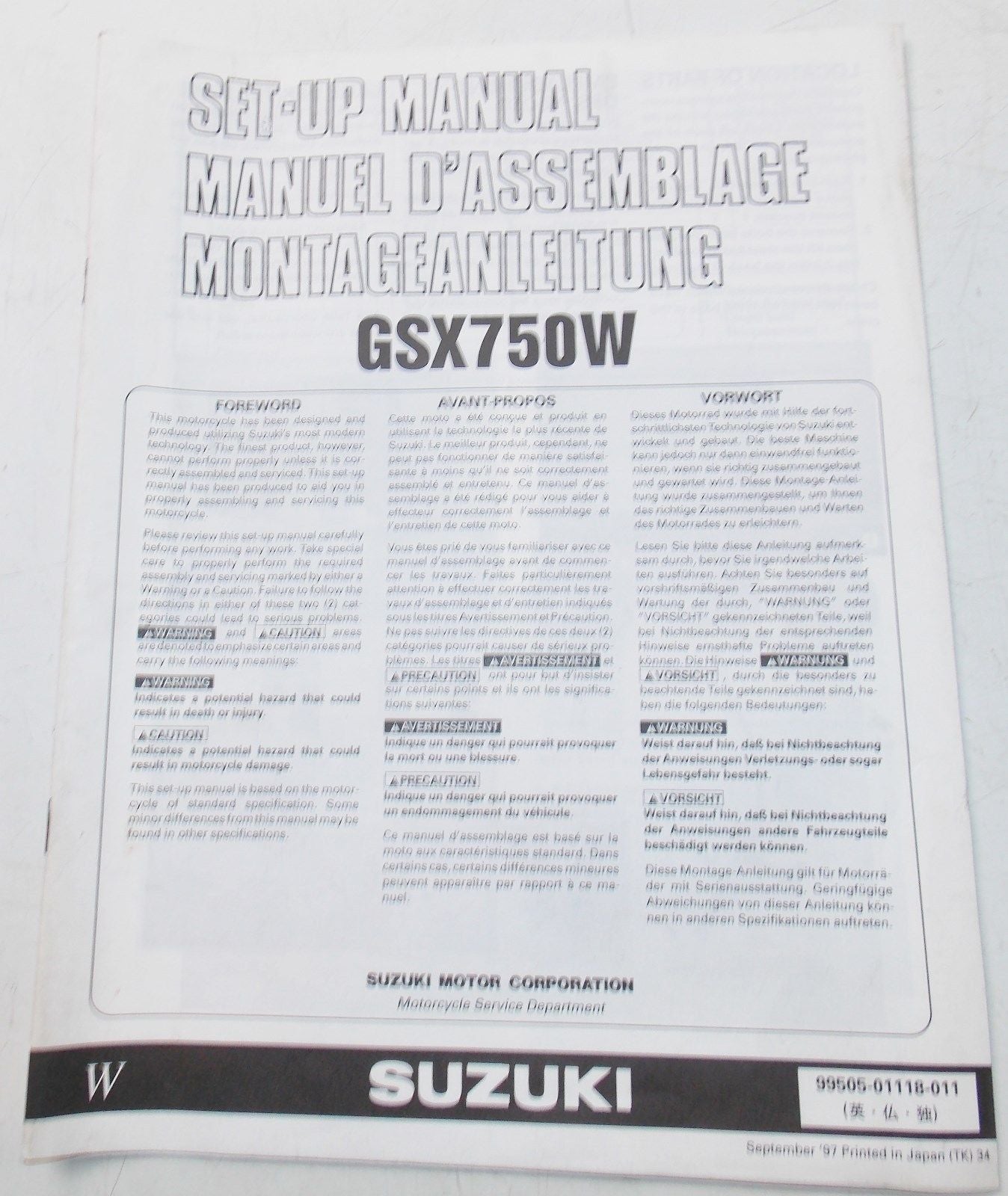 USED SUZUKI 1997 SET UP MANUAL GSX-750W   99505-01118-011 - MotoRaider