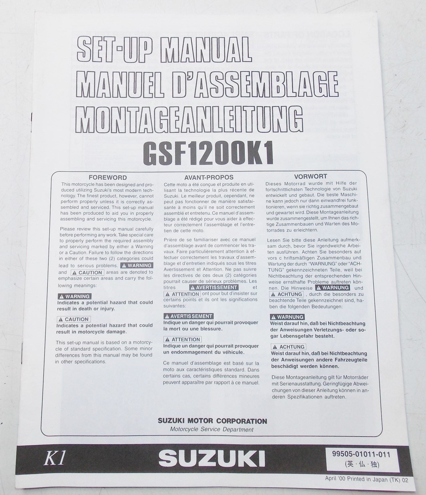 USED SUZUKI 2000 SET UP MANUAL GSF1200K1   99505-01011-011 - MotoRaider