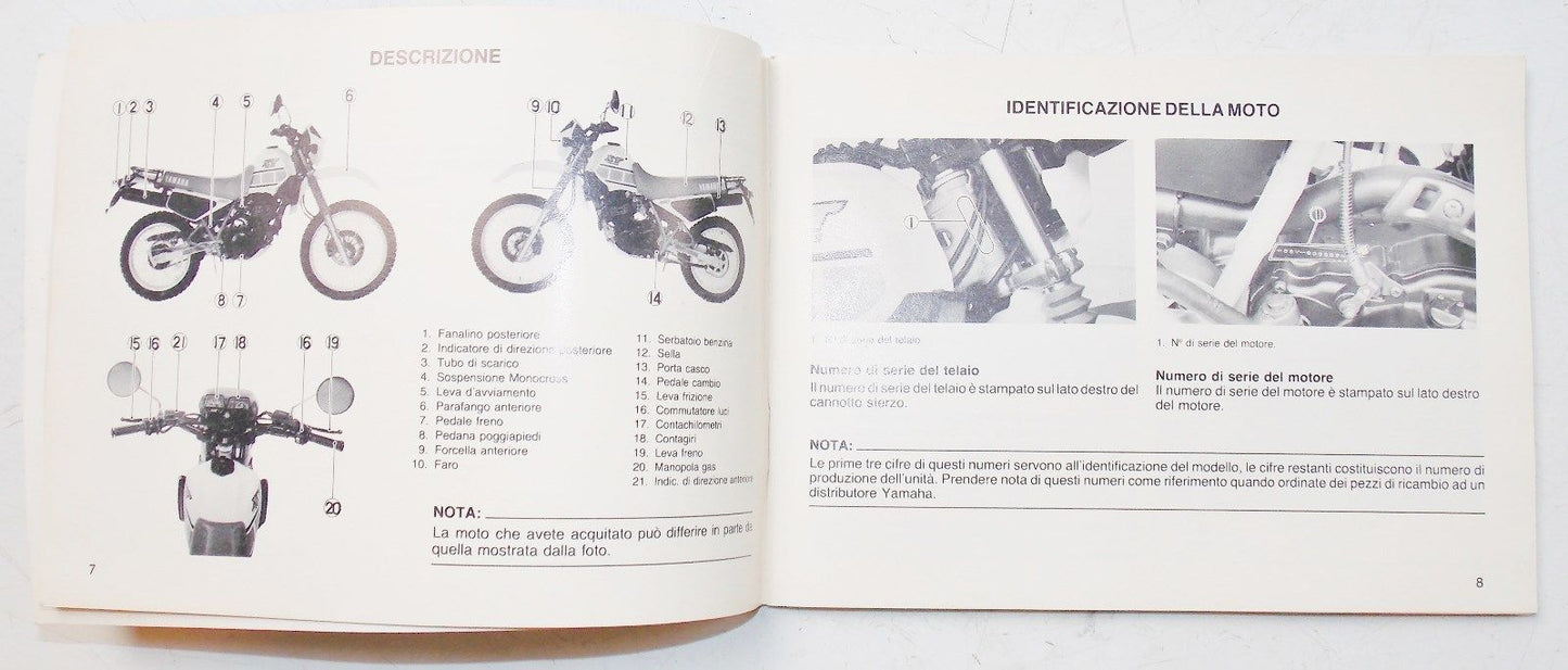 USED YAMAHA 1986 USER OWNER MANUAL "USE AND MAINTENANCE" BOOK ITALIAN XT250-350 - MotoRaider