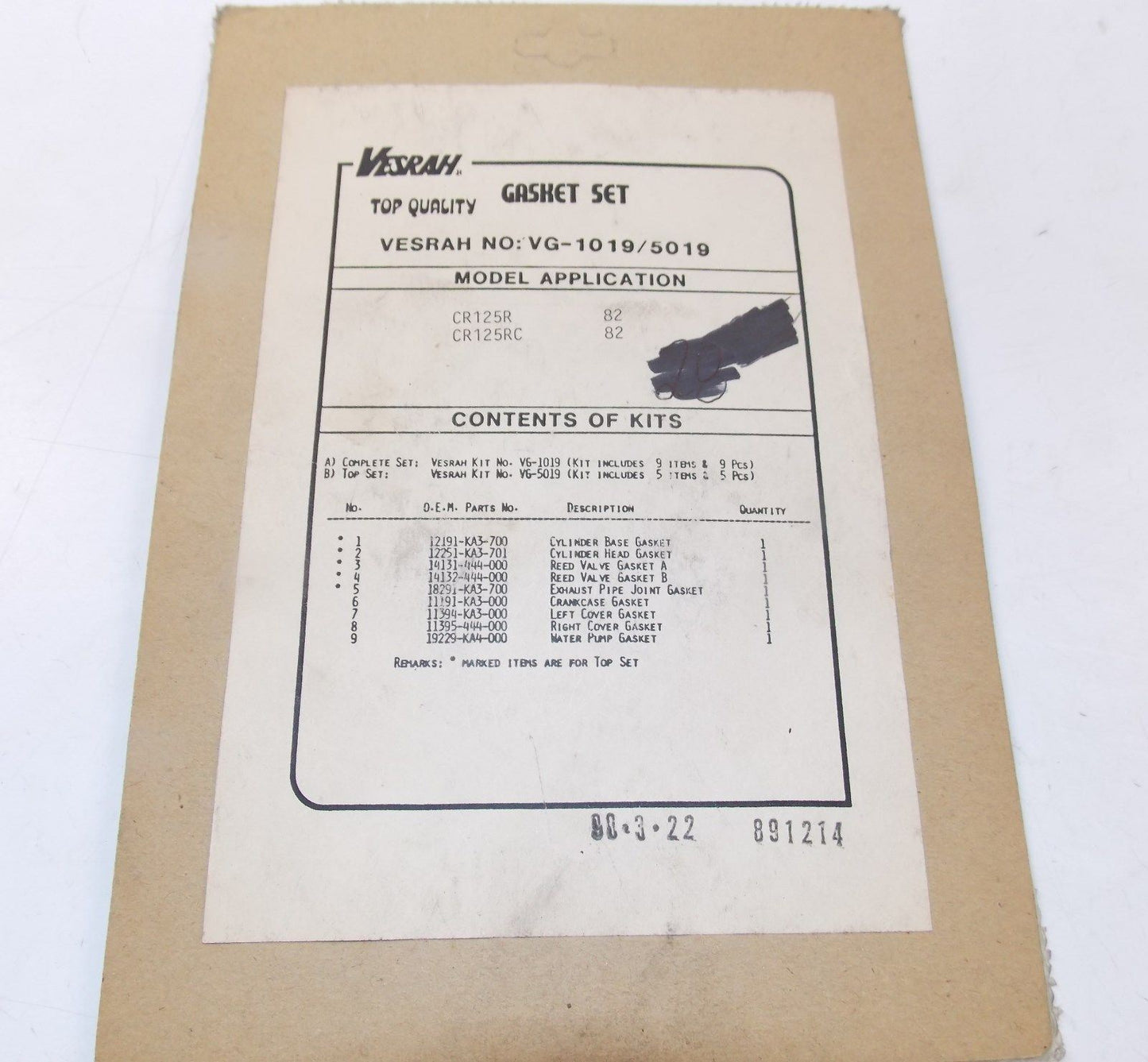 NOS OEM 1982 VESRAH COMPLETE GASKET KIT SET HONDA VG-1019 VG-5019  #16-6400 - MotoRaider