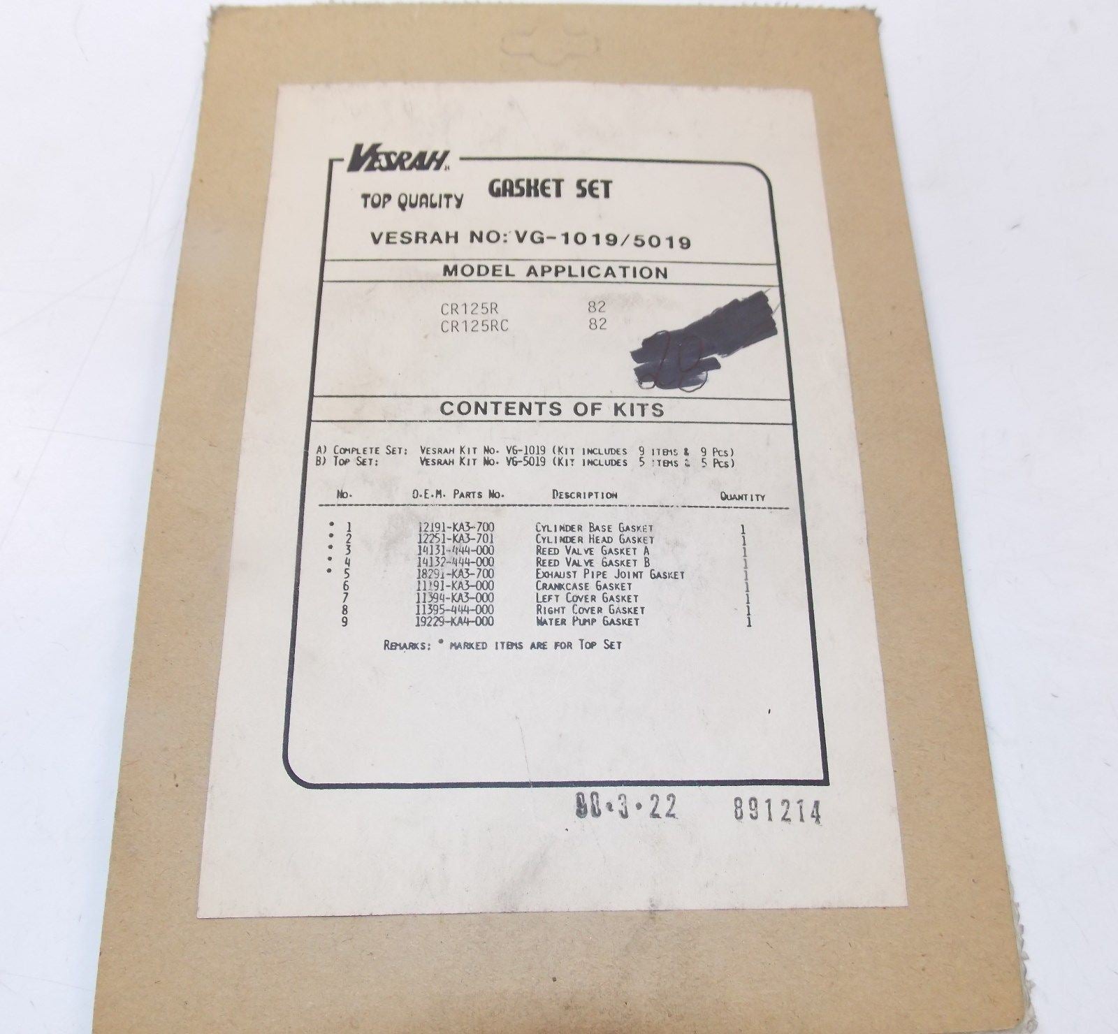 NOS OEM 1982 VESRAH COMPLETE GASKET KIT SET HONDA VG-1019 VG-5019  #16-6400 - MotoRaider