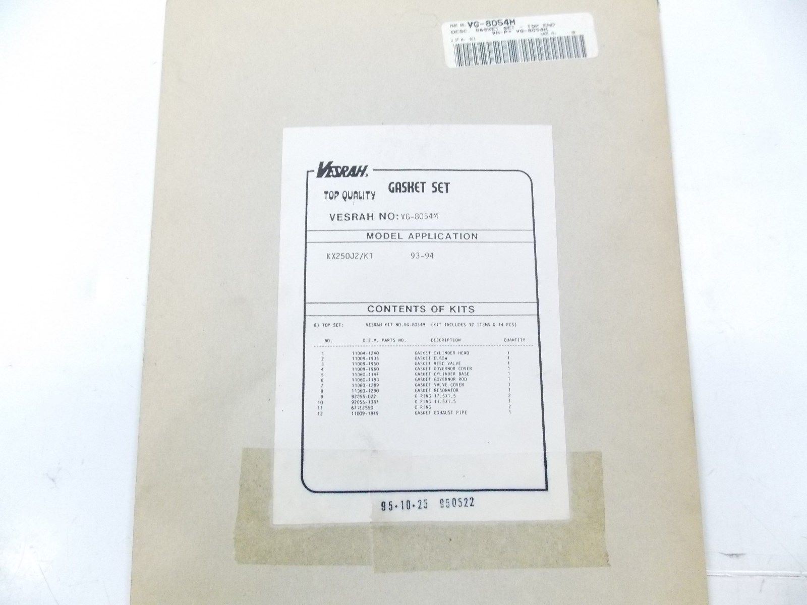 NOS 1993 1994 VESRAG TOP END GASKET KIT VG-8054M  FOR KAWASAKI KX250 - MotoRaider