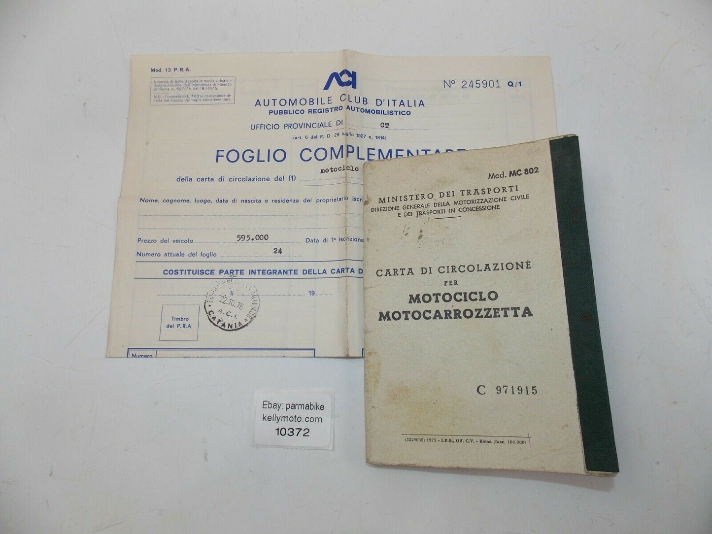 1976 BENELLI 125 ITALY OWNER CERTIFICATE CARTA CIRCOLAZIONE MOTORCYCLE DOCUMENT - MotoRaider