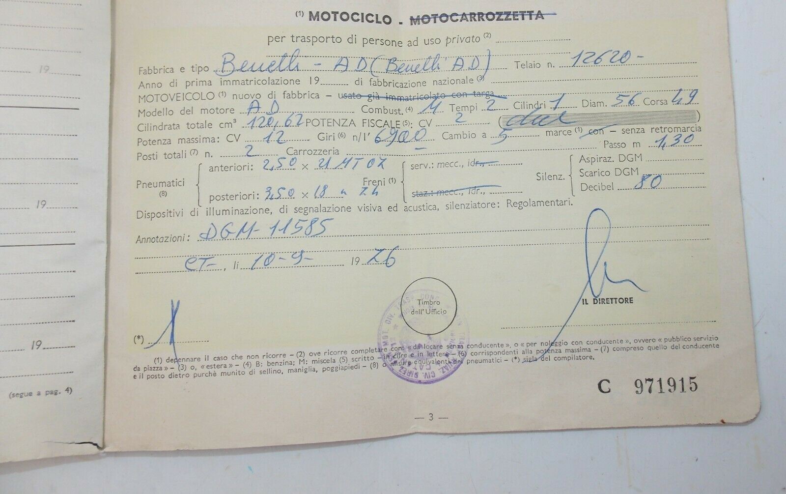 1976 BENELLI 125 ITALY OWNER CERTIFICATE CARTA CIRCOLAZIONE MOTORCYCLE DOCUMENT - MotoRaider
