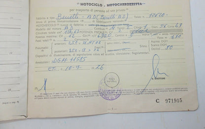 1976 BENELLI 125 ITALY OWNER CERTIFICATE CARTA CIRCOLAZIONE MOTORCYCLE DOCUMENT - MotoRaider