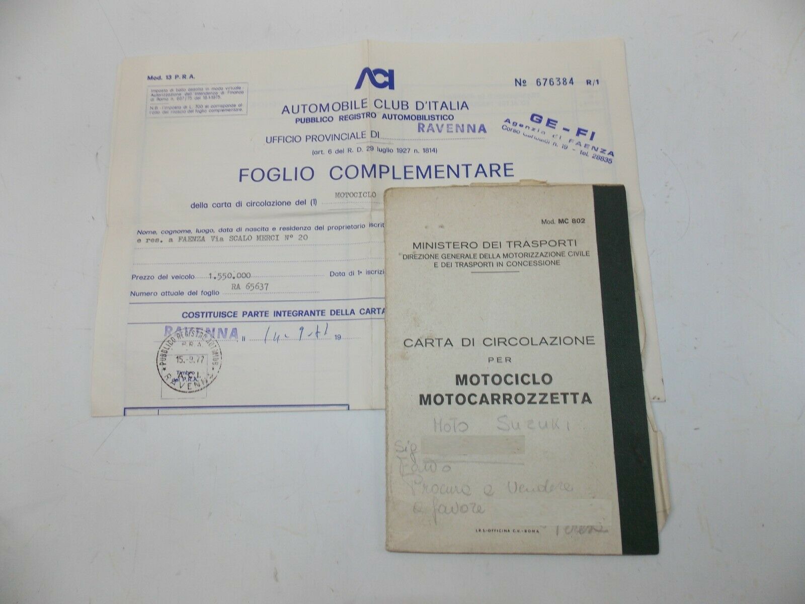 1977 SUZUKI GS400 OWNER CERTIFICATE BOOK MOTORCYCLE ORIGINAL ITALIAN DOCUMENT - MotoRaider