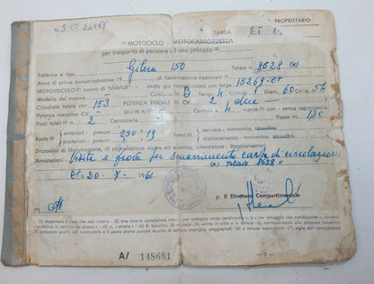1961 GILERA 150 OWNER CERTIFICATE BOOKLET MOTORCYCLE ORIGINAL ITALIAN DOCUMENT - MotoRaider