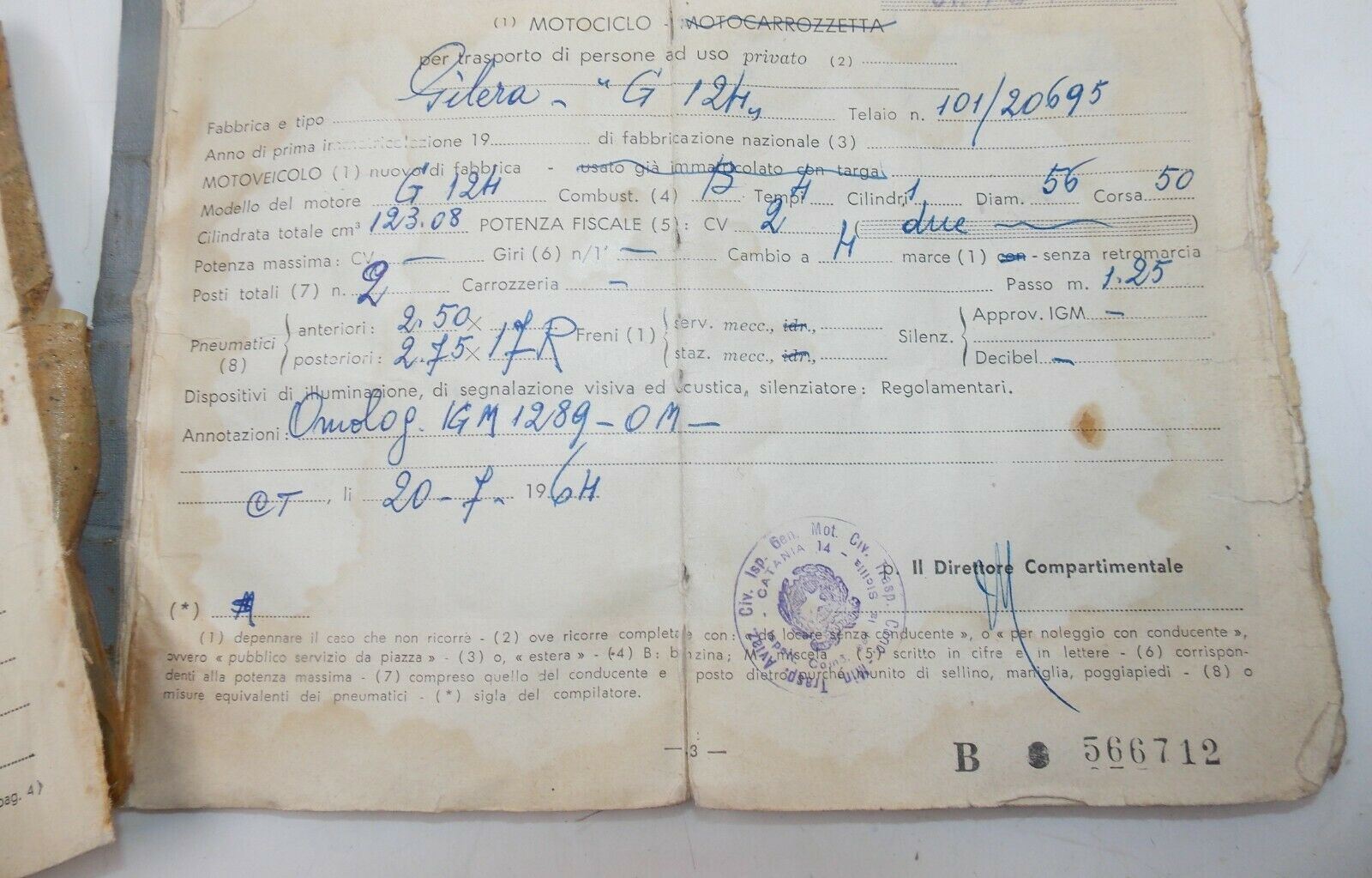 1964 GILERA G-124 OWNER CERTIFICATE BOOK ORIGINAL MOTORCYCLE ITALIAN DOCUMENT - MotoRaider