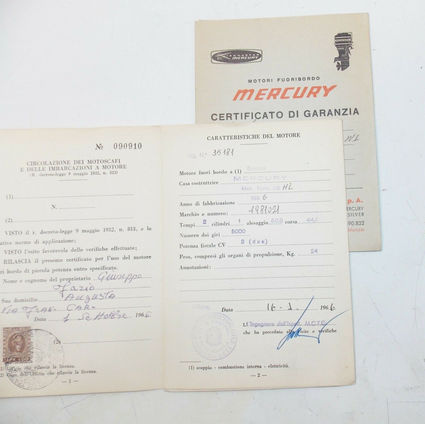 1966 MERCURY 39ML BOAT MOTOR 4hp 90cc REGISTRATION BOOK+WARRANTY CARD - MotoRaider