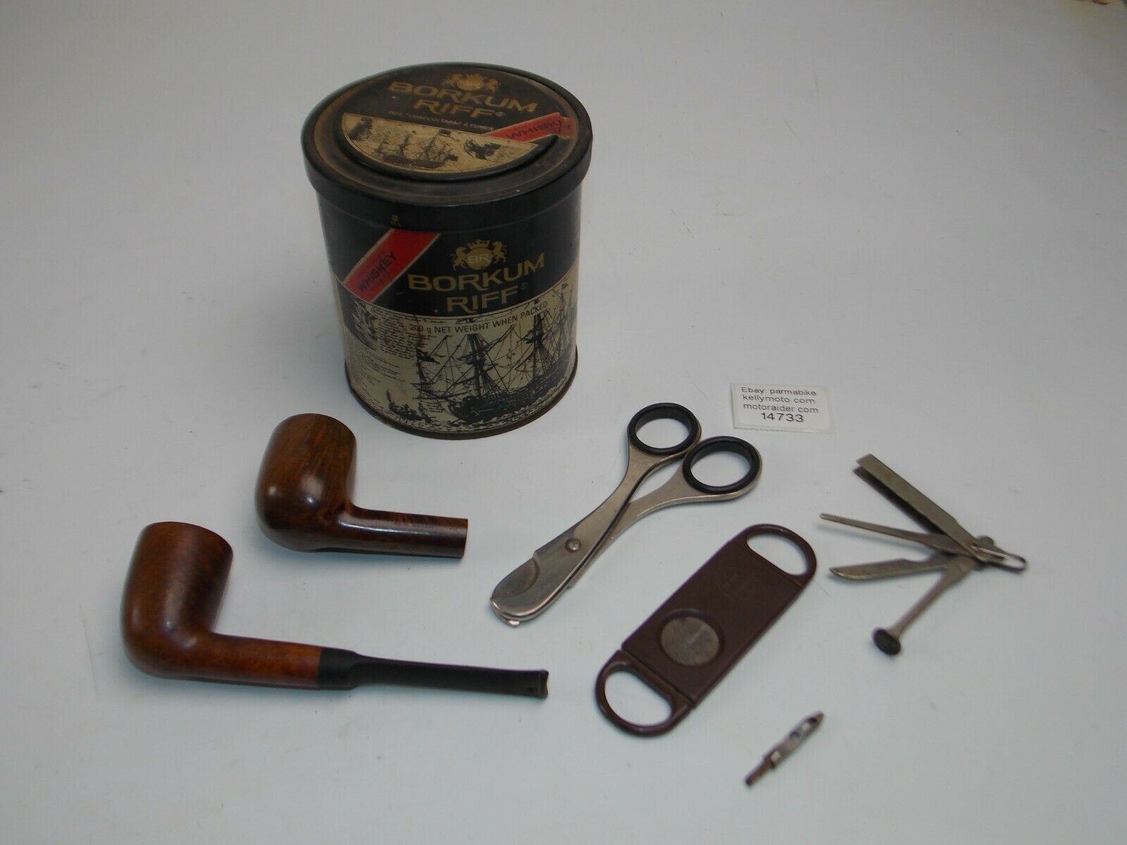 1980's BORKUM RIFF TOBACCO TIN+GIGAR CUTTER+PIPE TOOL+2 PIPE FRABENVER BENZON - MotoRaider