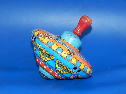 1960's SPIN TOP TIN TOY DIAM=5.5" VINTAGE WOODEN HANDLE - MotoRaider