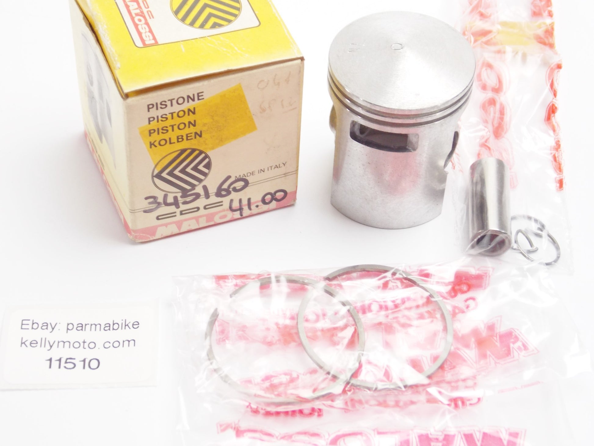 NOS MALOSSI 345160 PISTON+RINGS+PIN+CLIPS SET CPL D 41mm PIAGGIO CIAO/SI/BOXER - MotoRaider