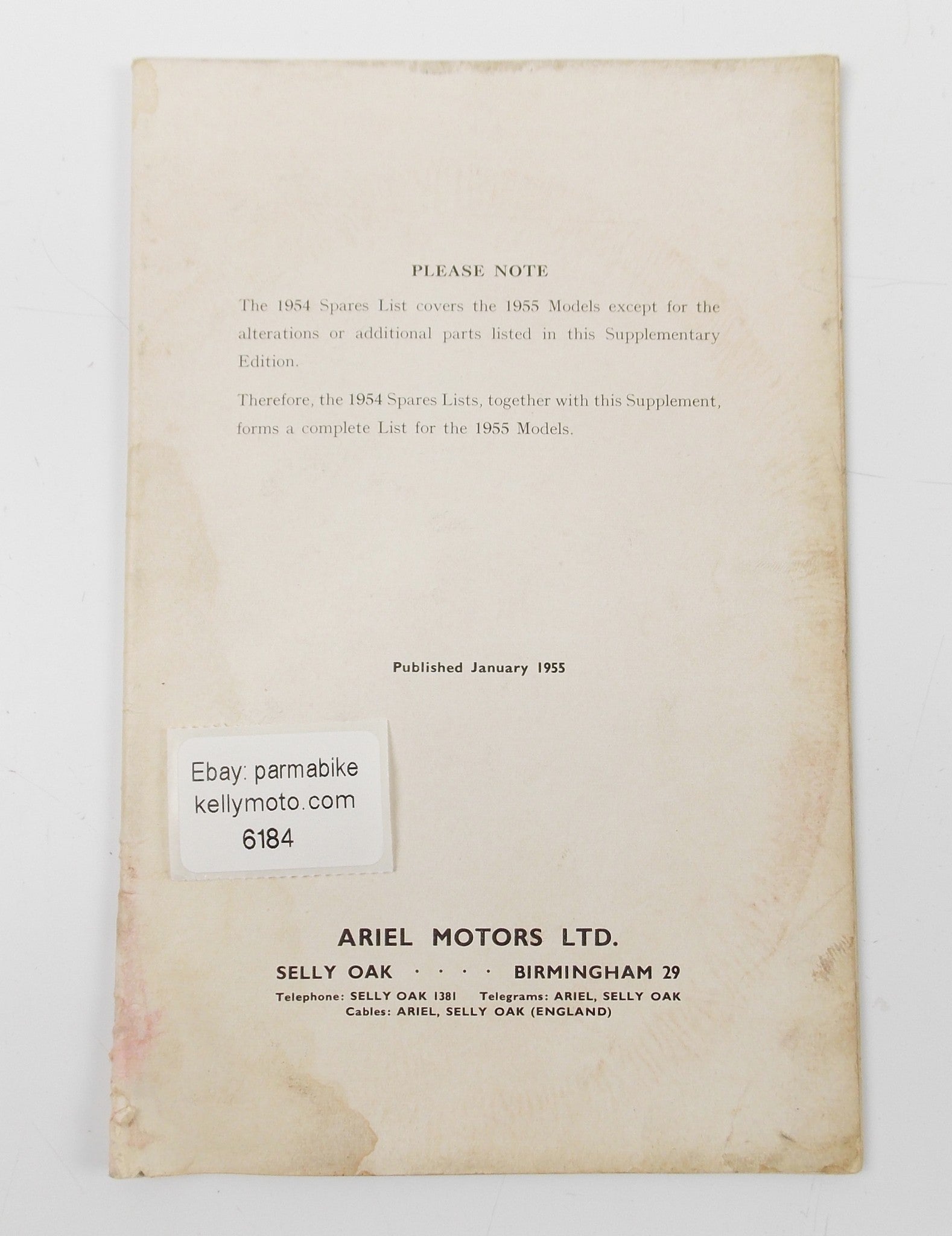ARIEL 1955 LH 200 COLT | VH 500 HUNTER | KH 500 SUPPLEMENTARY LIST SPARE PARTS - MotoRaider