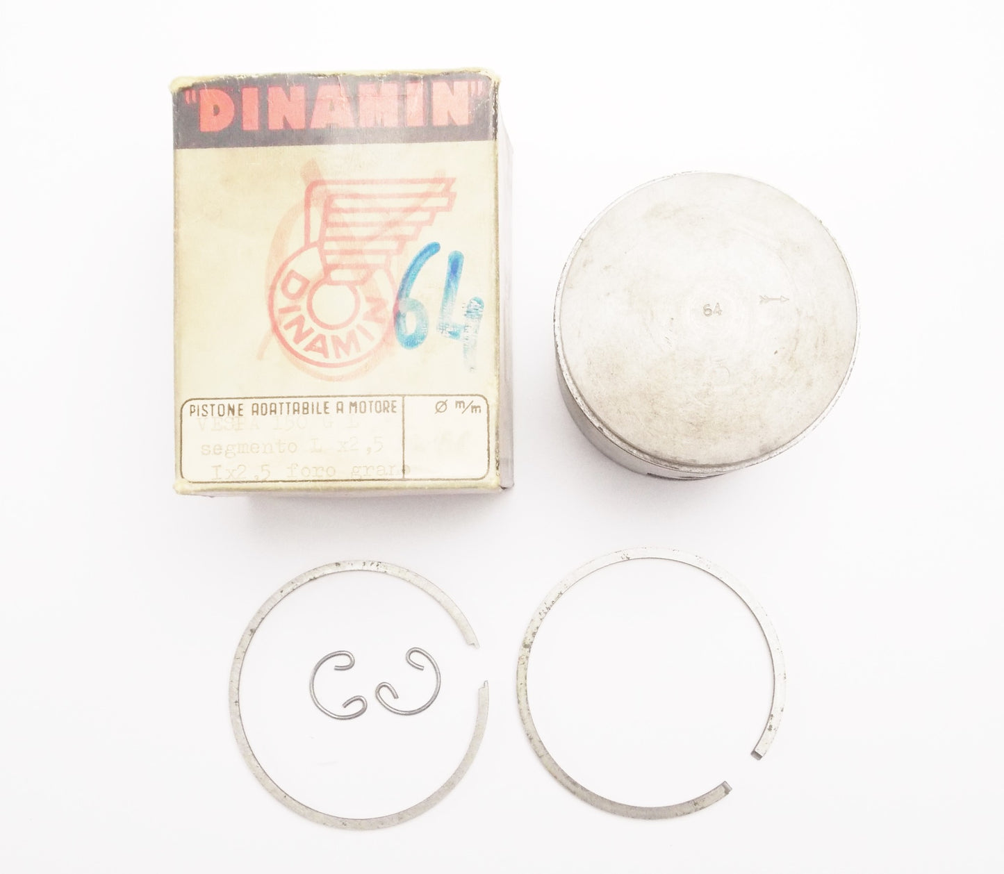 NOS DINAMIN PISTON + RINGS + PIN + CLIPS SET CPL. D. 64 mm VESPA 150 GL - MotoRaider