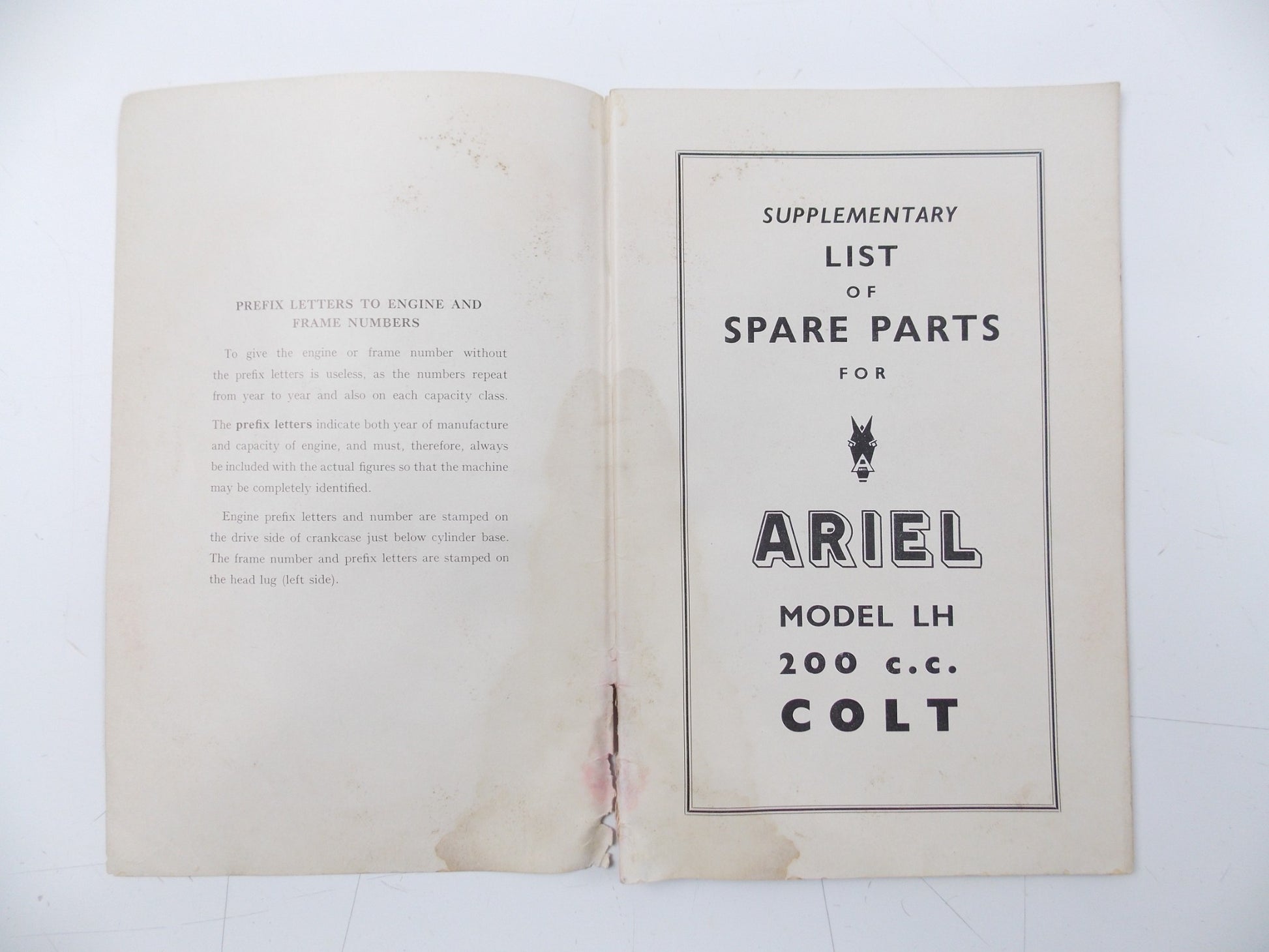 ARIEL 1955 LH 200 COLT | VH 500 HUNTER | KH 500 SUPPLEMENTARY LIST SPARE PARTS - MotoRaider