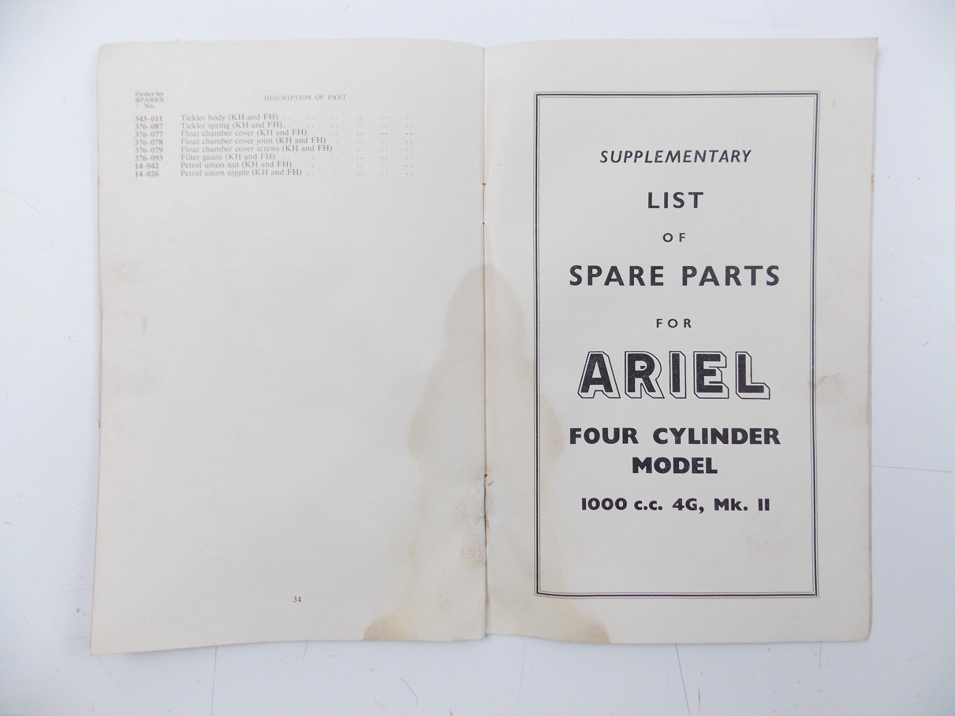 ARIEL 1955 LH 200 COLT | VH 500 HUNTER | KH 500 SUPPLEMENTARY LIST SPARE PARTS - MotoRaider