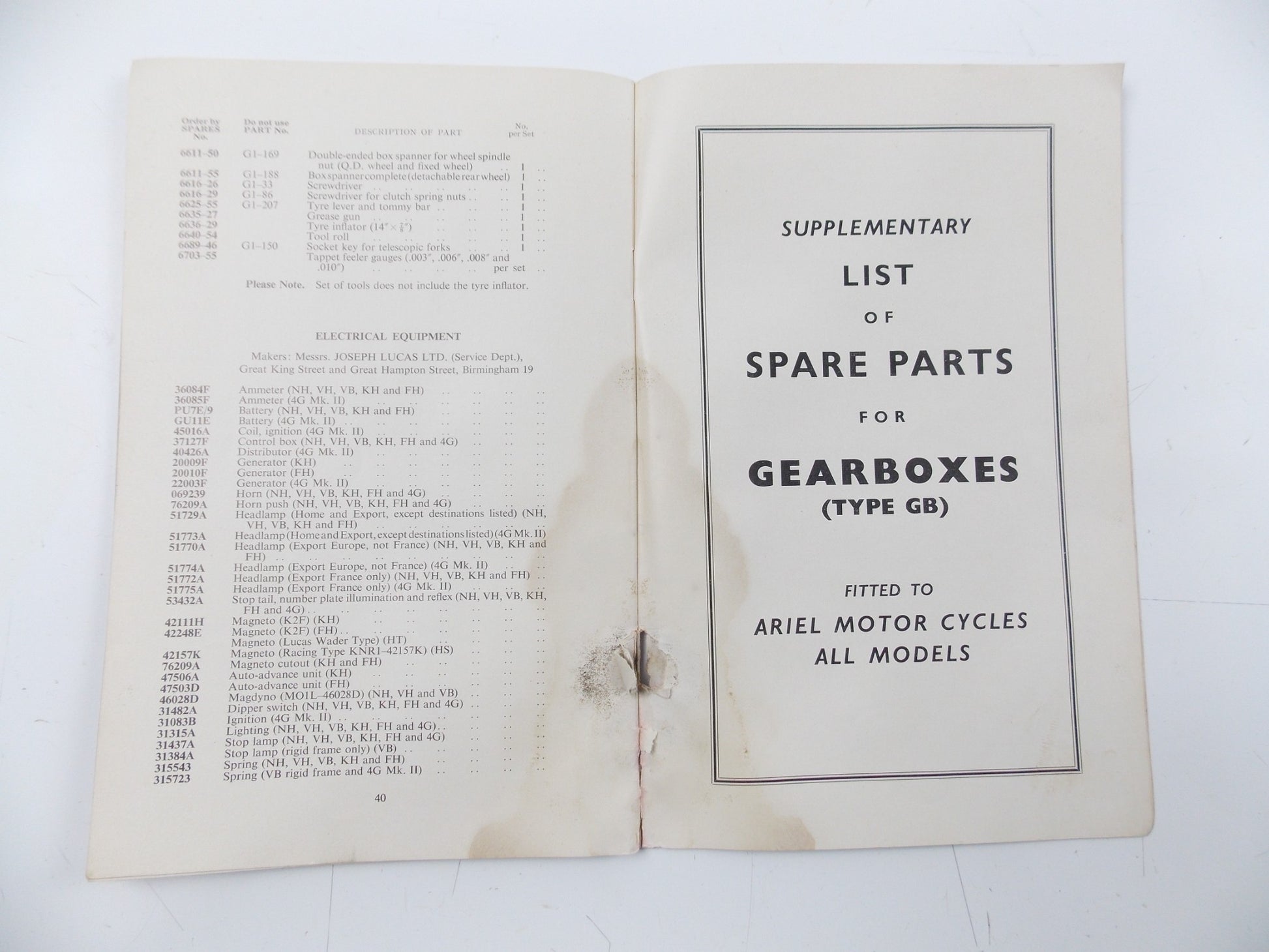 ARIEL 1955 LH 200 COLT | VH 500 HUNTER | KH 500 SUPPLEMENTARY LIST SPARE PARTS - MotoRaider
