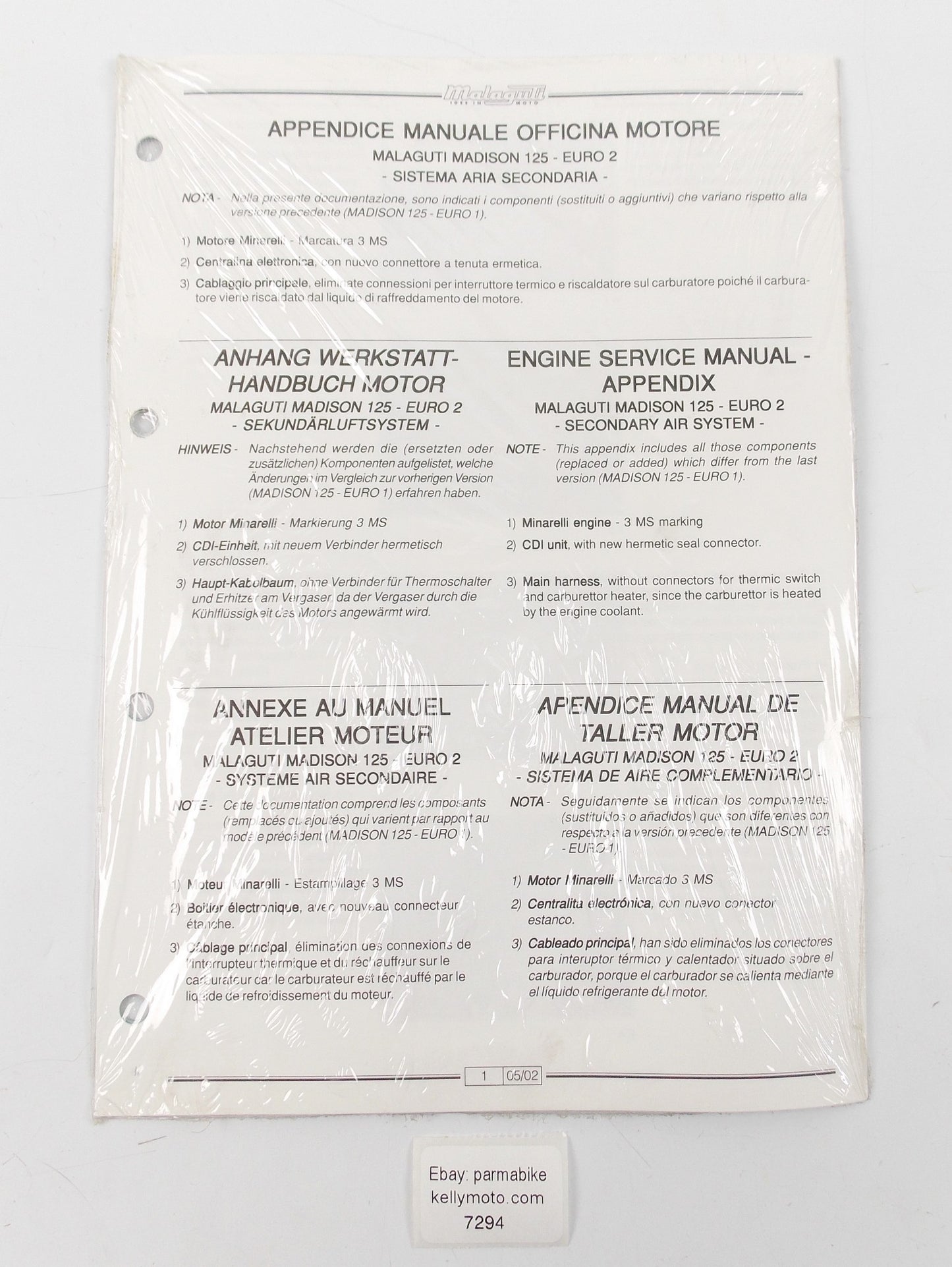 2002 MALAGUTI MADISON 125-EURO 2 MANUAL WORKSHOP REPAIR BOOK APPENDIX - MotoRaider