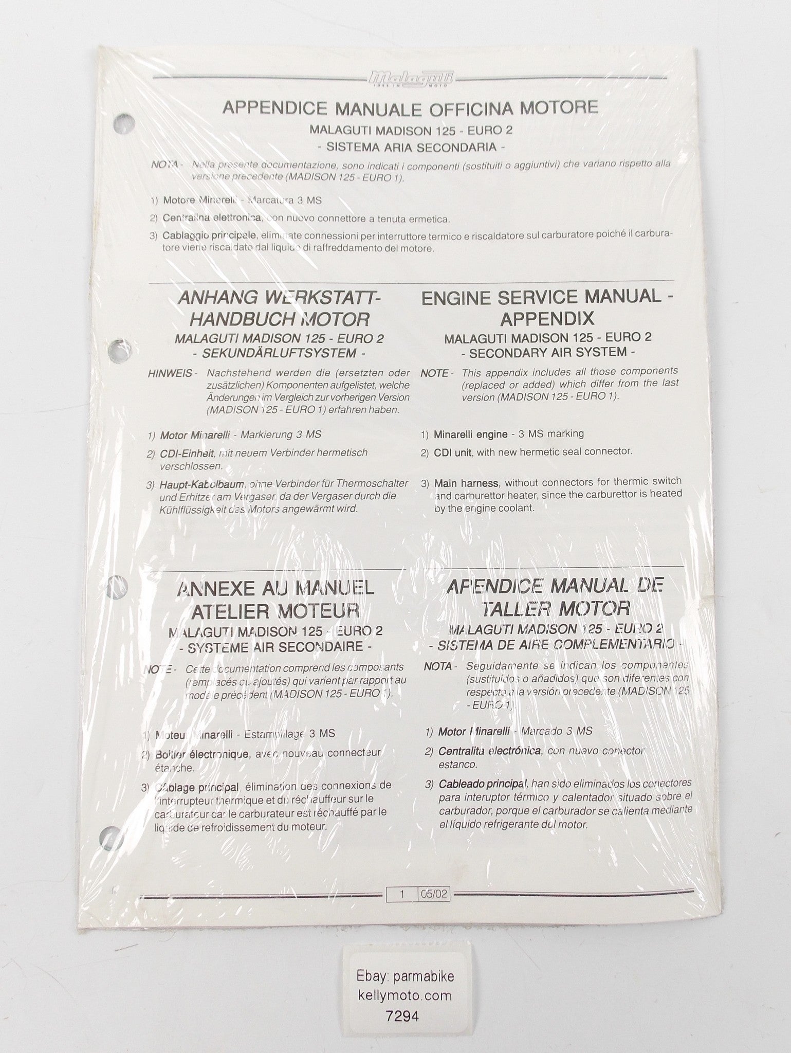 2002 MALAGUTI MADISON 125-EURO 2 MANUAL WORKSHOP REPAIR BOOK APPENDIX - MotoRaider