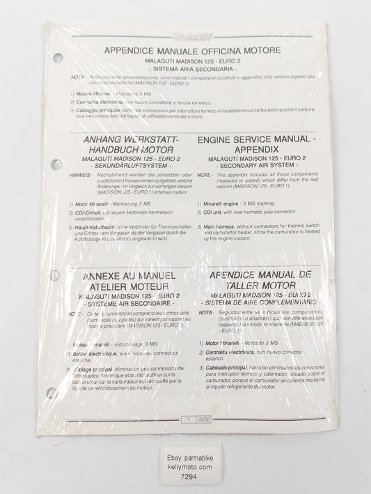 2002 MALAGUTI MADISON 125-EURO 2 MANUAL WORKSHOP REPAIR BOOK APPENDIX - MotoRaider