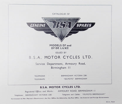 1960's BSA SPARES PART CATALOG BANTAM SUPER MODELS D7 D7-de luxe No 00-5124 - MotoRaider