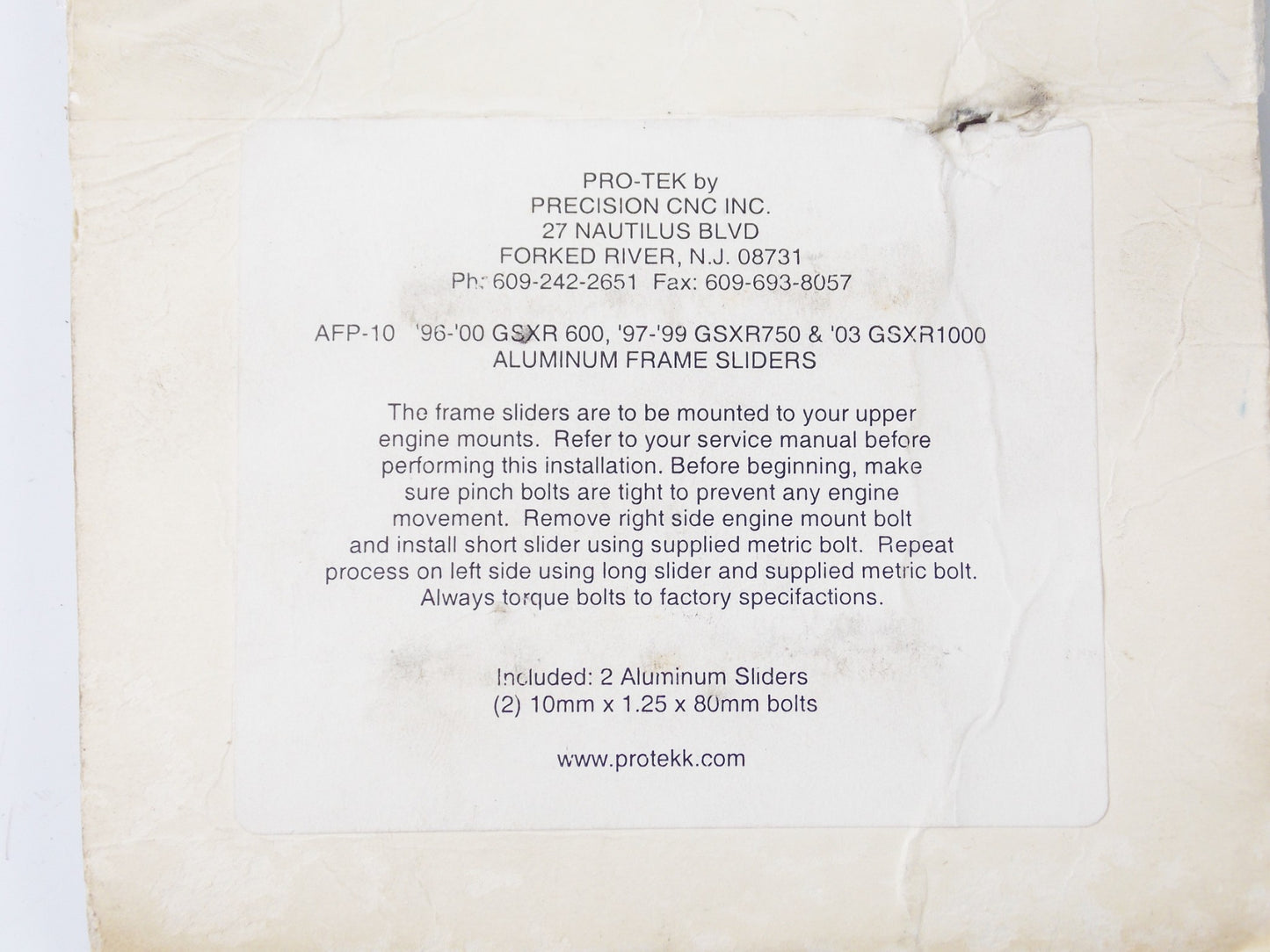 PRO-TEK  SUZUKI 1996-2000 GSXR600 ALUMINUM FRAME SLIDERS PRTECTORS AFP-10 - MotoRaider