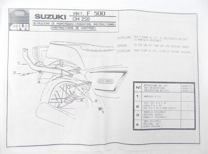 NOS GIVI SUZUKI 1992 GN 250 LUGGAGE PLATE MOUNTING RACK KIT ART # 500F - MotoRaider