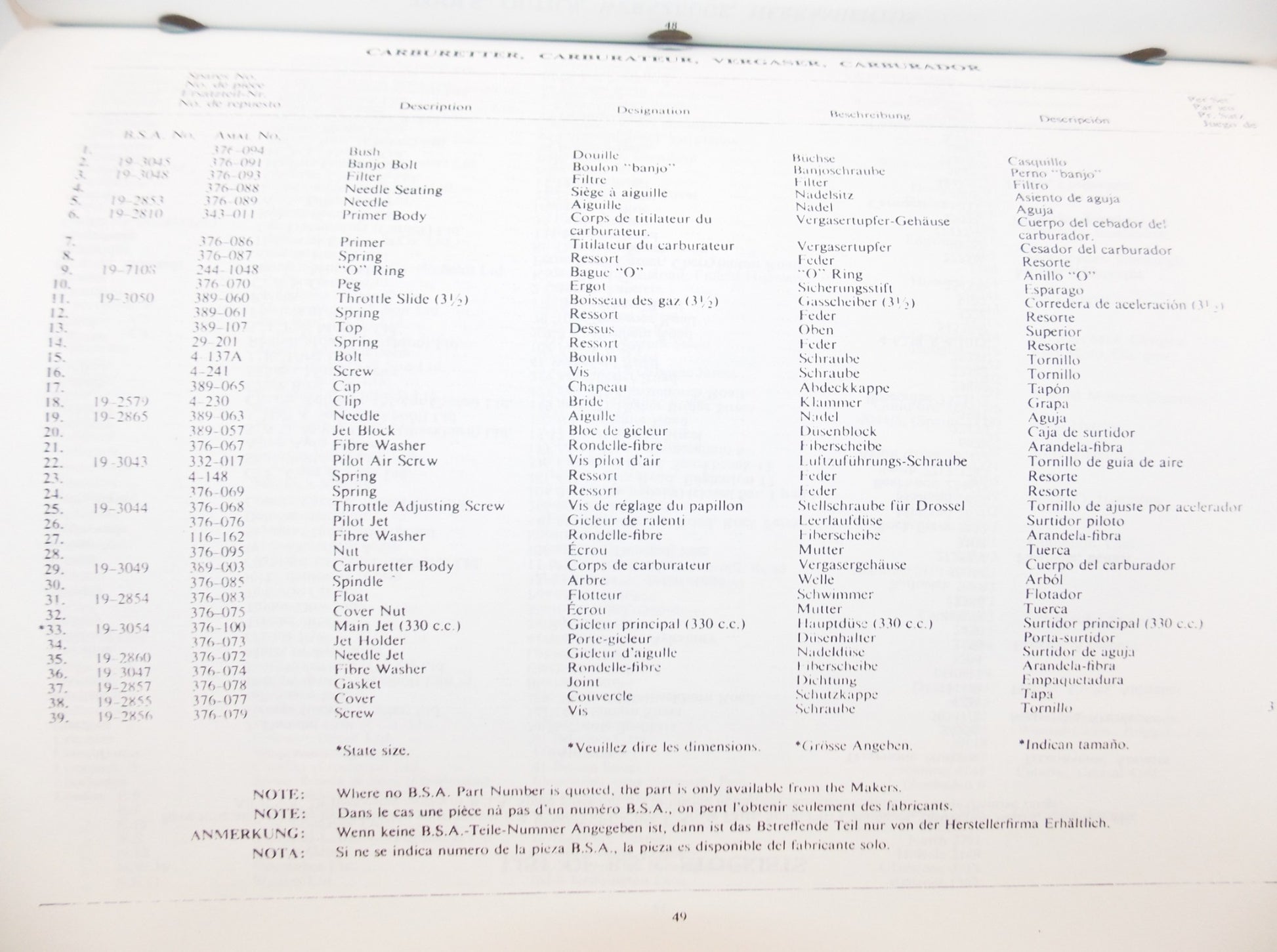 BSA BOOK SPARES MANUAL B44 VICTOR ENDURO 1966 ENGLISH FRENCH GERMAN SPANISH - MotoRaider