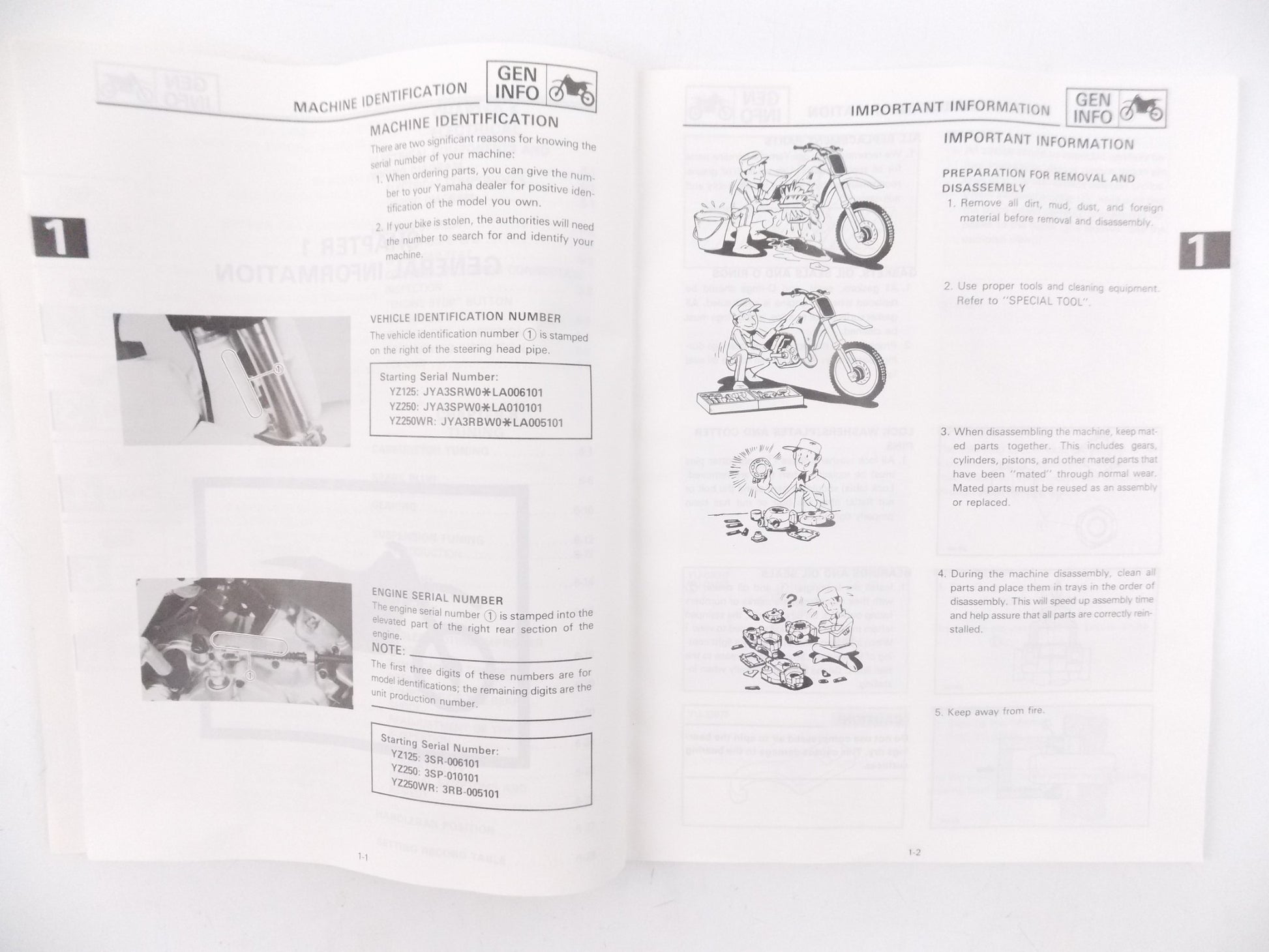 1989 YAMAHA OWNER SERVICE MANUAL BOOK CATALOG YZ125A/250A/250WRA 3SR-28199-15 - MotoRaider