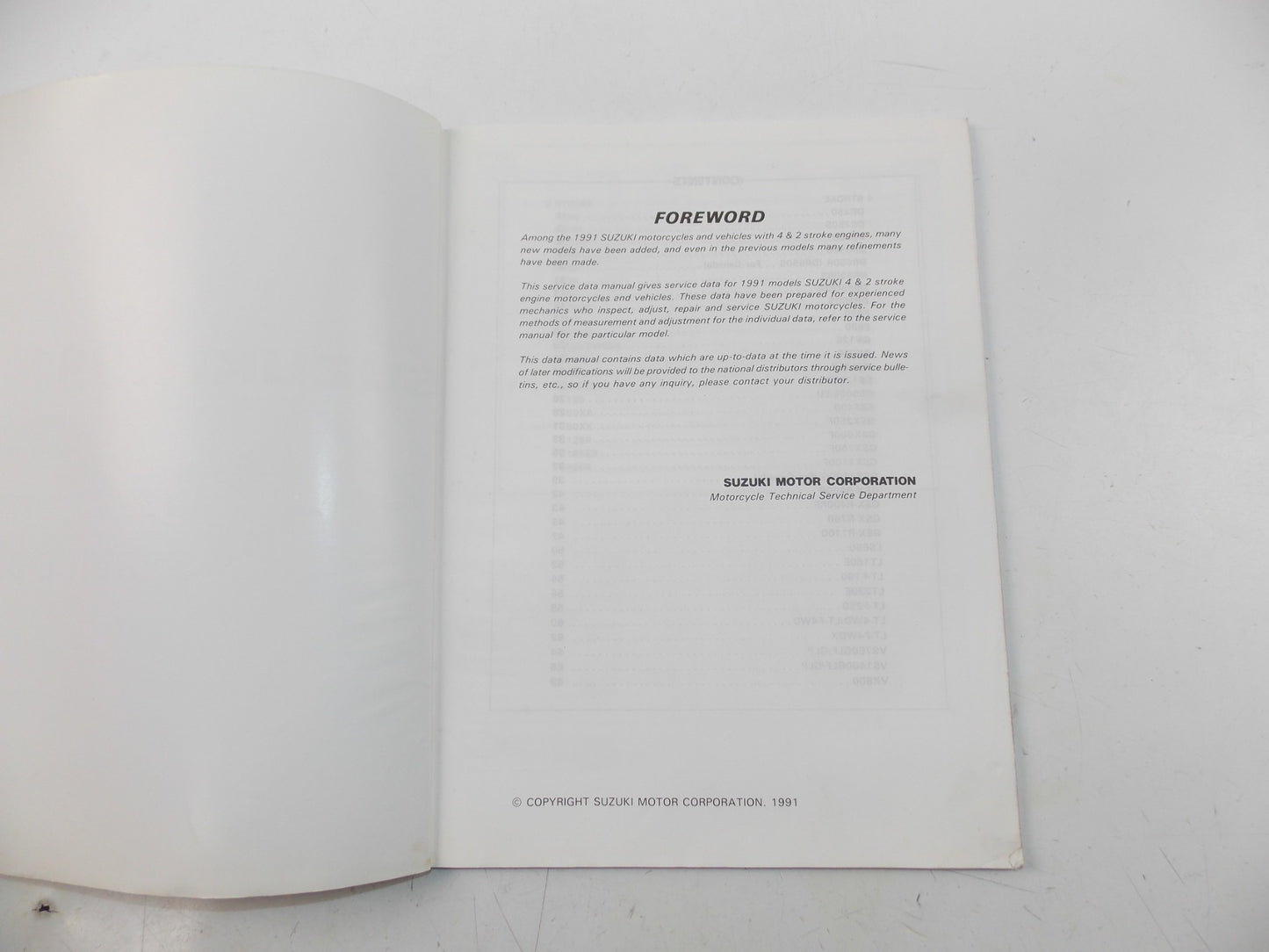03/1991 SERVICE DATA MANUAL BOOK SUZUKI 4 & 2 STROKE MOTORCYCLES 99510-01910-01E - MotoRaider