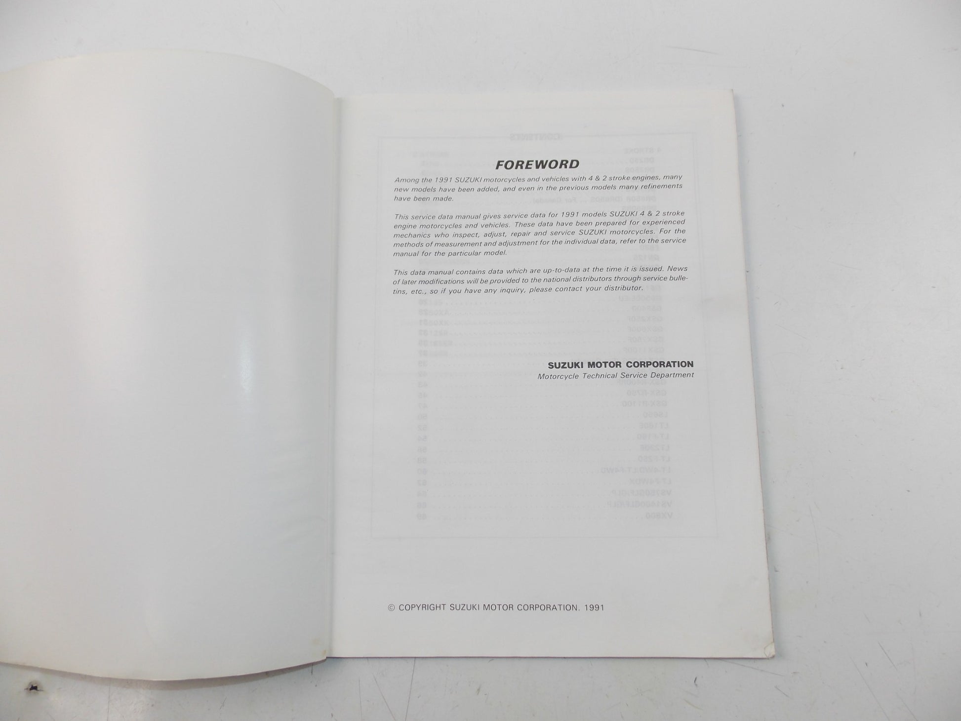 03/1991 SERVICE DATA MANUAL BOOK SUZUKI 4 & 2 STROKE MOTORCYCLES 99510-01910-01E - MotoRaider