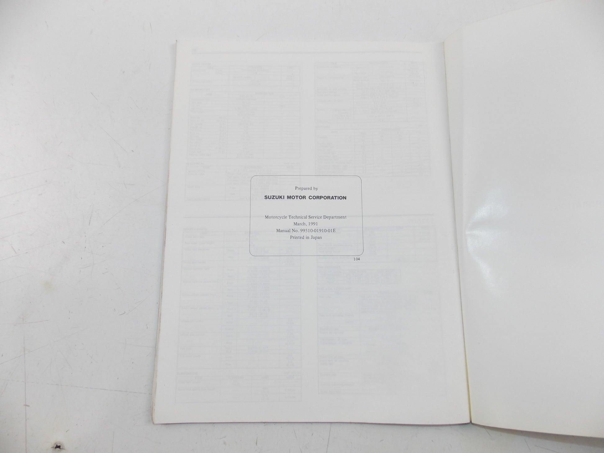 03/1991 SERVICE DATA MANUAL BOOK SUZUKI 4 & 2 STROKE MOTORCYCLES 99510-01910-01E - MotoRaider
