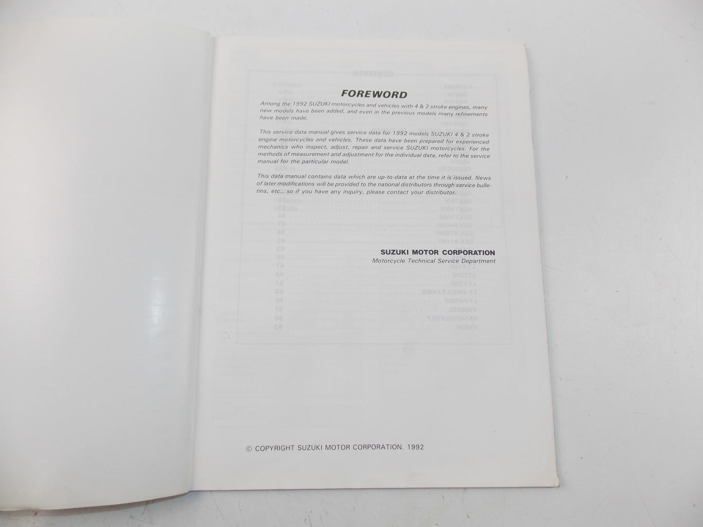 03/1992 SERVICE DATA MANUAL BOOK SUZUKI 4 & 2 STROKE MOTORCYCLES 99510-01920-01E - MotoRaider