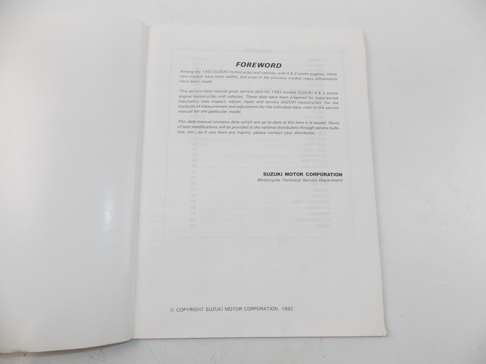 03/1992 SERVICE DATA MANUAL BOOK SUZUKI 4 & 2 STROKE MOTORCYCLES 99510-01920-01E - MotoRaider