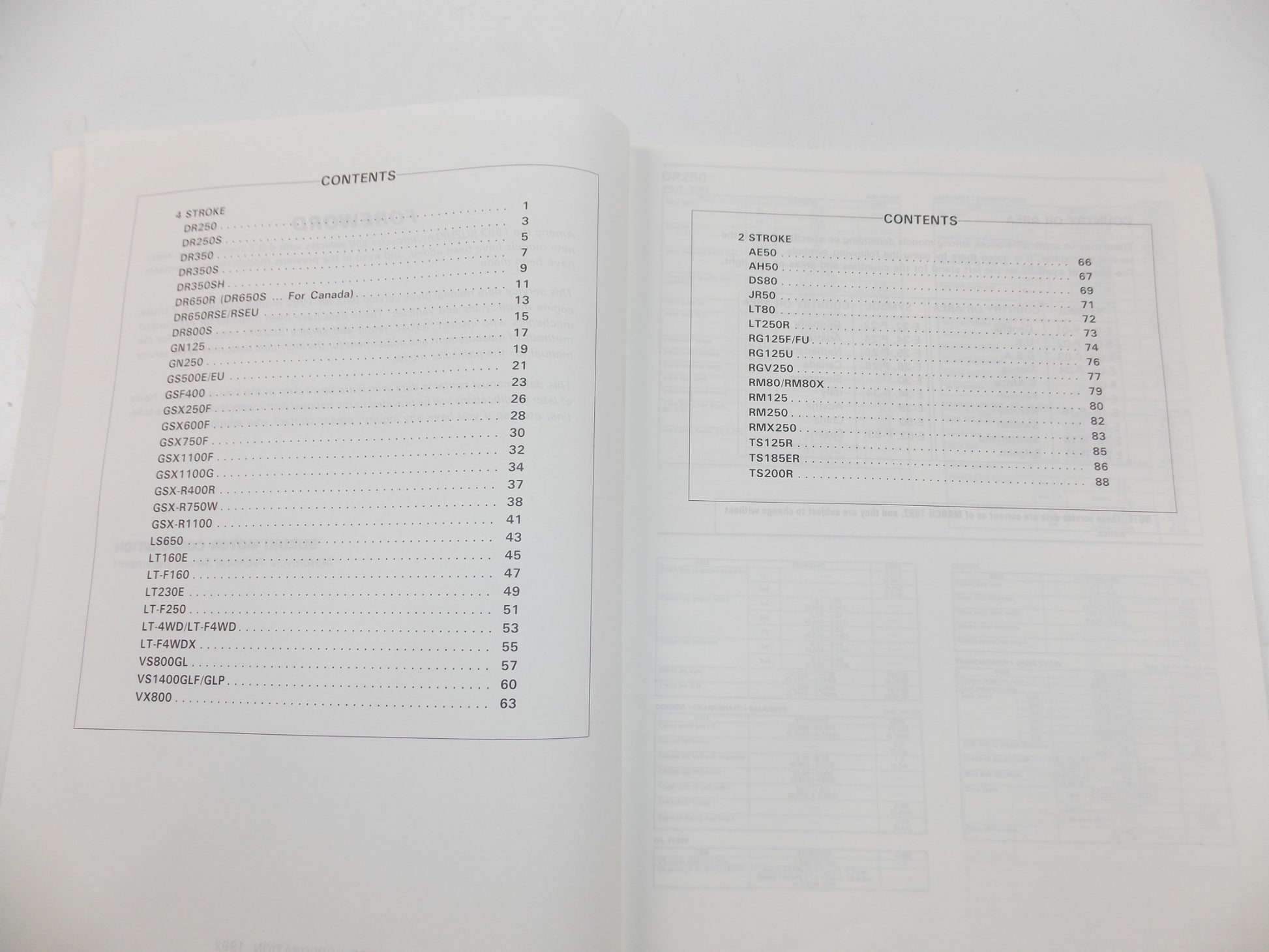 03/1992 SERVICE DATA MANUAL BOOK SUZUKI 4 & 2 STROKE MOTORCYCLES 99510-01920-01E - MotoRaider