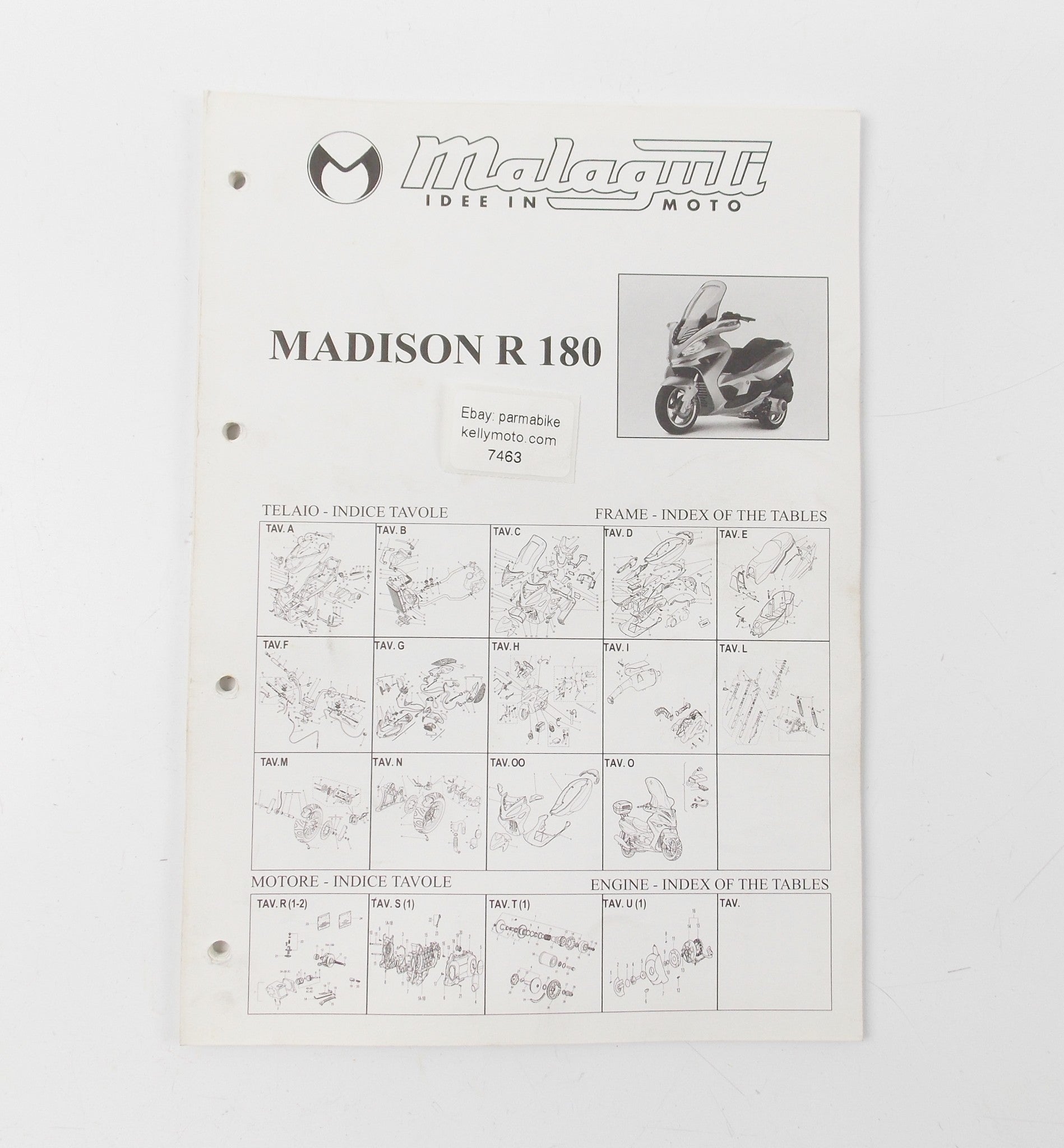 OEM MALAGUTI MADISON R 180 SPARE PARTS CATALOG MANUAL BOOK ITALIAN ENGLISH - MotoRaider