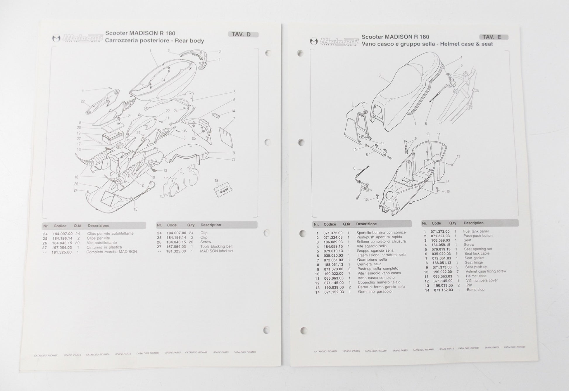 OEM MALAGUTI MADISON R 180 SPARE PARTS CATALOG MANUAL BOOK ITALIAN ENGLISH - MotoRaider