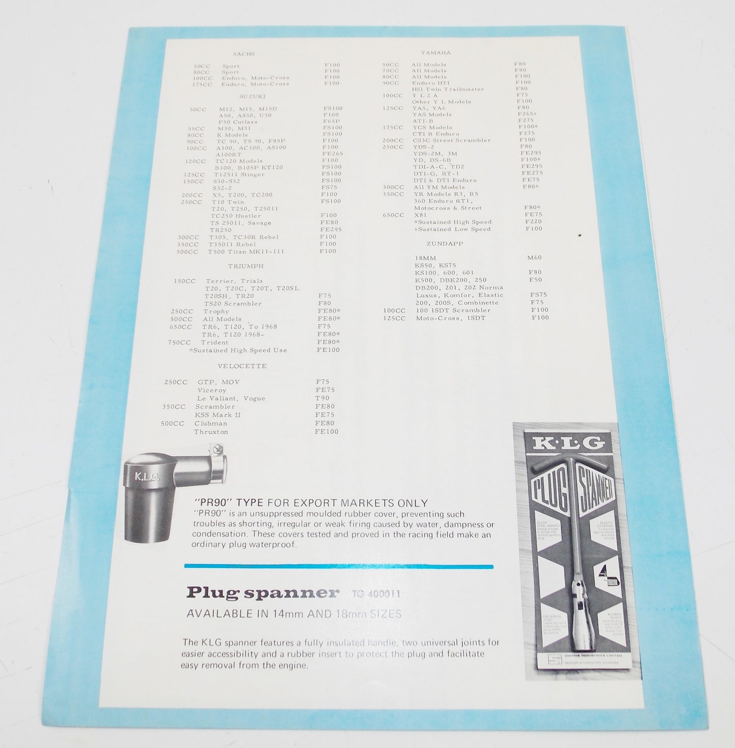 TOP GEAR K.L.G SPARK PLUGS MOTORCYCLE RECOMMENDATION CHART ACCESSORIES CATALOG - MotoRaider